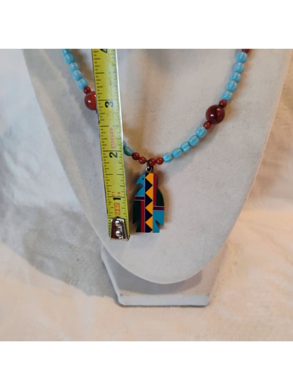 Inlay Thunderbird Fetish Pendant Necklace Turquoise Melon Beads & Blood Jasper - Picture 5 of 9